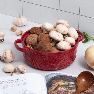 Itopfox Lace Emboss Casserole Dish With Lid, 2 Quart Ceramic Round Serving Dish For Oven To Table, Dinner And Party, Christmas Gifts In Classic Red 5 Itopfox Lace Emboss Casserole Dish With Lid, 2 Quart Ceramic Round Serving Dish For Oven To Table, Dinner And Party, Christmas Gifts In Classic Red - Image 3