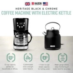 Haden Heritage Coffee Machine, 12 Cup Drip Coffee Maker Bundled With Heritage 1.7 Liter Stainless Steel Electric Kettle, Black & Chrome