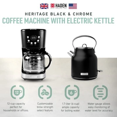 Haden Heritage Coffee Machine, 12 Cup Drip Coffee Maker Bundled With Heritage 1.7 Liter Stainless Steel Electric Kettle, Black & Chrome 3 Haden Heritage Coffee Machine, 12 Cup Drip Coffee Maker Bundled With Heritage 1.7 Liter Stainless Steel Electric Kettle, Black & Chrome