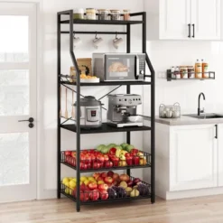 5-Tier Kitchen Storage Rack With Microwave Stand, Metal Shelves With 8 S-Hooks, 2 Wire Baskets & Spice Rack For Kitchen, Pantry, Counter