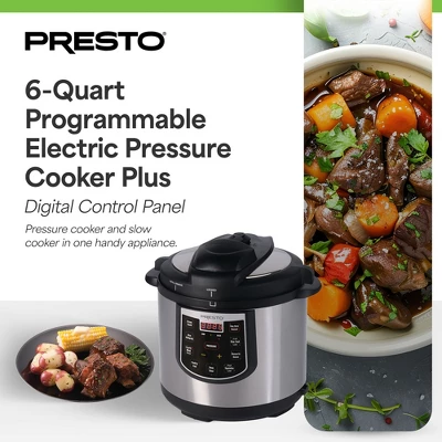 Presto 6 Qt Electric Pressure Cooker Plus, Stainless Steel Slow Cooker, Silver 3 Presto 6 Qt Electric Pressure Cooker Plus, Stainless Steel Slow Cooker, Silver