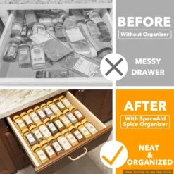 3 Tier Bamboo Spice Drawer Organizer With 24 Jars, 378 White Labels