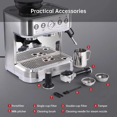 15 Bar Semi-Automatic Espresso Machine Coffee Maker With Grinder & Milk Steamer 9 15 Bar Semi-Automatic Espresso Machine Coffee Maker With Grinder & Milk Steamer - Image 7