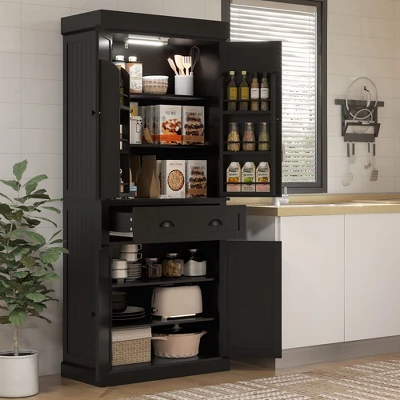 Yukimo 71" Tall Kitchen Pantry Cabinet, LED Light With Sensor, Drawer & Adjustable Shelves, Black 11 Yukimo 71" Tall Kitchen Pantry Cabinet, LED Light With Sensor, Drawer & Adjustable Shelves, Black - Image 9
