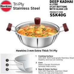 Hawkins 4L Tri Ply Stainless Steel Induction Compatible Deep Fry Pan Kadhai With Glass Lid: Hand Wash, Gas & Induction Safe