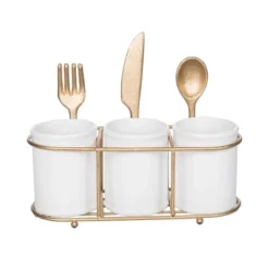 Transpac Ceramic And Iron Gold Utensil Holder Stylish Home Decor For Spring Kitchen Storage And Organization
