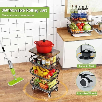 4 Tier Fruit Storage Basket,Kitchen Storage Rack With Rollers For Pantry 7 4 Tier Fruit Storage Basket,Kitchen Storage Rack With Rollers For Pantry - Image 5