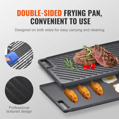 VEVOR Reversible Grill/Griddle, 9.7"x16.7" Pre-Seasoned Cast Iron Griddle, Rectangular Double Burner Griddle Pan With Handles, Flat Top Plate, Black 7 VEVOR Reversible Grill/Griddle, 9.7"x16.7" Pre-Seasoned Cast Iron Griddle, Rectangular Double Burner Griddle Pan With Handles, Flat Top Plate, Black - Image 5