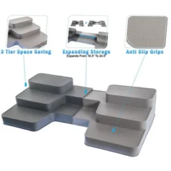 5 Star Super Deals 2 Non Slip 3 Tier Expandable Spice Rack Step Shelf Organizer - Shelf Extends 16.5" To 24.5" For Kitchen, Refrigerator, Pantry