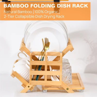 KTMBDW Bamboo Dish Drying Rack, 3 Tier Collapsible Dish Rack With Utensil Holder, Wooden Dish Drying Rack For Kitchen Counter, Dish Drainer, Natural 5 KTMBDW Bamboo Dish Drying Rack, 3 Tier Collapsible Dish Rack With Utensil Holder, Wooden Dish Drying Rack For Kitchen Counter, Dish Drainer, Natural - Image 3