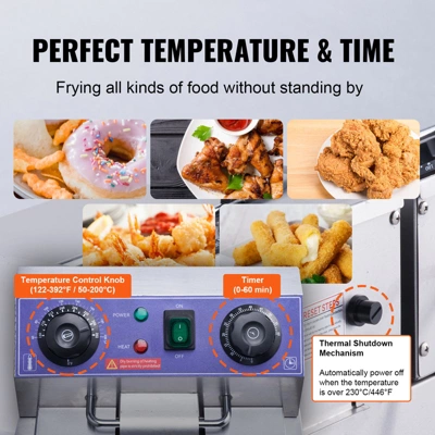 VEVOR Commercial Deep Fryer, Dual Tank 3000W Electric Countertop Fryer With Basket, 2 X 11.6Qt/11L Double Stainless Steel Oil Fryer 6 VEVOR Commercial Deep Fryer, Dual Tank 3000W Electric Countertop Fryer With Basket, 2 X 11.6Qt/11L Double Stainless Steel Oil Fryer - Image 4