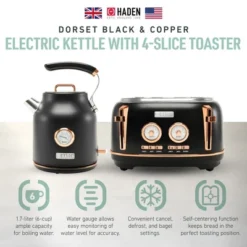 Haden Dorset 1.7 Liter Stainless Steel Electric Kettle With 360-Degree Base Bundled With 4 Slice Wide Slot Stainless Steel Toaster, Black & Copper