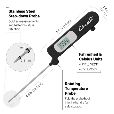 Escali Folding Digital Thermometer: Stainless Steel, Black, Kitchen & Refrigerator Use, -49 To 392°F, Battery Included 11 Escali Folding Digital Thermometer: Stainless Steel, Black, Kitchen & Refrigerator Use, -49 To 392°F, Battery Included - Image 9