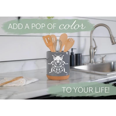 Elanze Designs 8 Inch Floral Beetle Large Ceramic Kitchen Utensil Holder Gray And White Crock With Cork Base 6 Elanze Designs 8 Inch Floral Beetle Large Ceramic Kitchen Utensil Holder Gray And White Crock With Cork Base - Image 4