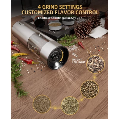 SUGIFT Electric Salt And Pepper Grinder Set Rechargeable Stainless Steel Mills With LED Light Adjustable Coarseness Type C Charging Base 95ml Capacity 3 SUGIFT Electric Salt And Pepper Grinder Set Rechargeable Stainless Steel Mills With LED Light Adjustable Coarseness Type C Charging Base 95ml Capacity