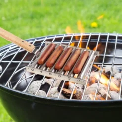 Great Northern Popcorn Hotdog Roller For Grill - Stainless-Steel Rolling Rack With Extra-Long Wooden Handle And 5 Hotdog Capacity