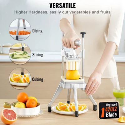 VEVOR Commercial Vegetable Fruit Chopper, Stainless Steel French Fry Cutter With 4 Blades 1/4" 3/8" 1/2", 6-wedge Slicer, Chopper Dicer With Tray 4 VEVOR Commercial Vegetable Fruit Chopper, Stainless Steel French Fry Cutter With 4 Blades 1/4" 3/8" 1/2", 6-wedge Slicer, Chopper Dicer With Tray - Image 2