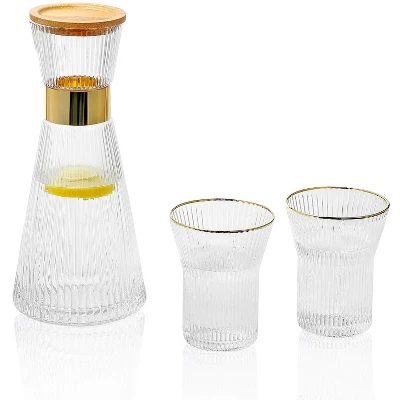 Slickblue Stylish Hand-Blown Clear/Grey Glass Carafe Set With Bamboo Lid, 34 Oz Carafe And 2 Glasses 6 Slickblue Stylish Hand-Blown Clear/Grey Glass Carafe Set With Bamboo Lid, 34 Oz Carafe And 2 Glasses - Image 4