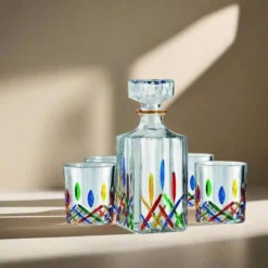 Godinger Silver 5pc Venice Whiskey Decanter Set: Crystal, Hand Wash, Dishwasher-Safe, Service For 4, Includes Glasses