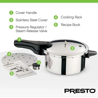 Presto Stainless Steel Pressure Cooker With Tri Clad Base, Steam Release Indicator, And Cooking Rack For Kitchen, Silver 4 Presto Stainless Steel Pressure Cooker With Tri Clad Base, Steam Release Indicator, And Cooking Rack For Kitchen, Silver - Image 2