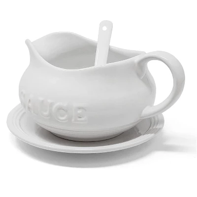 KOVOT 24 Oz Gravy Boat, Tray And Ladle Set - Perfect For Gravies, Sauces, And Dressings - White Elegant Ceramic With The Word "Sauce" On It 4 KOVOT 24 Oz Gravy Boat, Tray And Ladle Set - Perfect For Gravies, Sauces, And Dressings - White Elegant Ceramic With The Word "Sauce" On It - Image 2