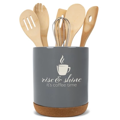 Elanze Designs Rise And Shine It's Coffee Time Barista Ceramic Cork Bottom Gray Large Capacity Utensil Holder Crock For Countertop Storage, Stylish & 6 Elanze Designs Rise And Shine It's Coffee Time Barista Ceramic Cork Bottom Gray Large Capacity Utensil Holder Crock For Countertop Storage, Stylish & - Image 4