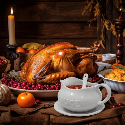 KOVOT 24 Oz Gravy Boat, Tray And Ladle Set - Perfect For Gravies, Sauces, And Dressings - White Elegant Ceramic With The Word "Sauce" On It 7 KOVOT 24 Oz Gravy Boat, Tray And Ladle Set - Perfect For Gravies, Sauces, And Dressings - White Elegant Ceramic With The Word "Sauce" On It - Image 5