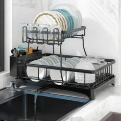 SEVOBAL 2-Tier Dish Racks Kitchen Holder Dish Drying Rack Drainboard Detachable Drainer Organizer Utensil Cup Rack Swivel, Black, 17.36"*12.68"*4.29"