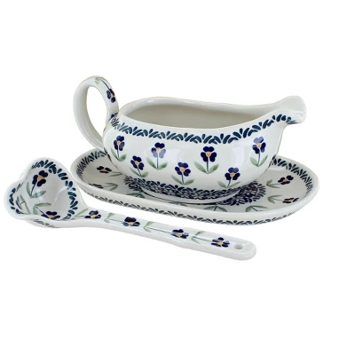 Blue Rose Polish Pottery S119 Manufaktura Gravy Boat Plate & Ladle 5 Blue Rose Polish Pottery S119 Manufaktura Gravy Boat Plate & Ladle - Image 3