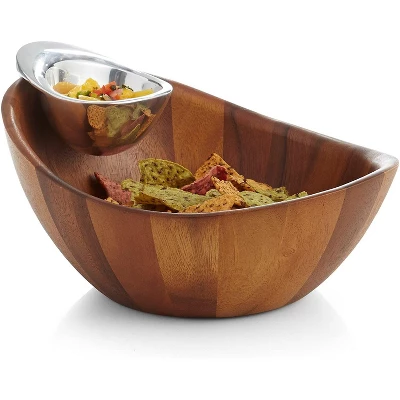 Nambe Harmony Chip And Dip Bowl, Acacia Wood Bowl And Alloy Companion Bowl 3 Nambe Harmony Chip And Dip Bowl, Acacia Wood Bowl And Alloy Companion Bowl