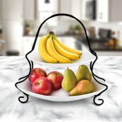 Gibson Elite Gracious Dining 2 Tiered Serving Set With Metal Rack In White