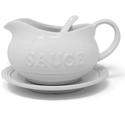 KOVOT 24 Oz Gravy Boat, Tray And Ladle Set - Perfect For Gravies, Sauces, And Dressings - White Elegant Ceramic With The Word "Sauce" On It 6 KOVOT 24 Oz Gravy Boat, Tray And Ladle Set - Perfect For Gravies, Sauces, And Dressings - White Elegant Ceramic With The Word "Sauce" On It - Image 4