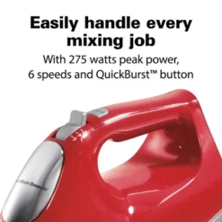 Hamilton Beach Hand Mixer W/case 62633R: 6-Speed Red Handheld Mixer For Kitchen, 275W, Dishwasher-Safe Parts
