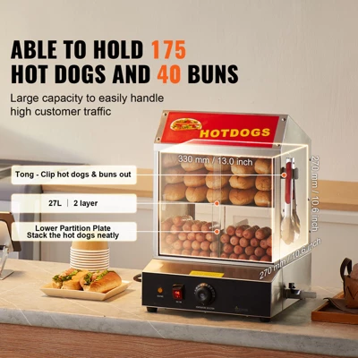 VEVOR Hot Dog Steamer, 28.5QT, 2-Tier Hot Dog Hut Steamer, 86℉~185℉ Temperature Control, Electric Bun Warmer With Tempered Glass Slide Doors 4 VEVOR Hot Dog Steamer, 28.5QT, 2-Tier Hot Dog Hut Steamer, 86℉~185℉ Temperature Control, Electric Bun Warmer With Tempered Glass Slide Doors - Image 2