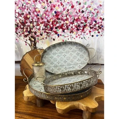 Essential Decor & Beyond 3-Piece Metal Oval Tray Silver With Handle 4 Essential Decor & Beyond 3-Piece Metal Oval Tray Silver With Handle - Image 2