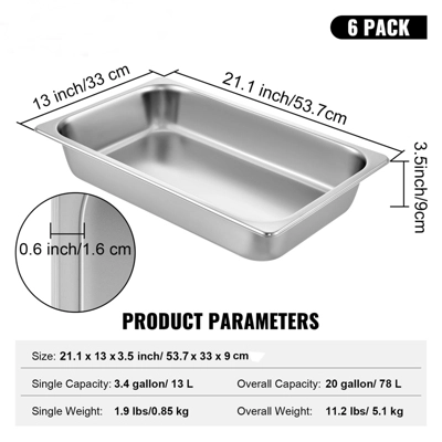 VEVOR 6 Pack Steam Table Pans 20.9 X 12.8 X 3.9 Inch Deep Steam Table Pan Full Size 13L Deep Food Container Stainless Steel Oven Tray, Silver 9 VEVOR 6 Pack Steam Table Pans 20.9 X 12.8 X 3.9 Inch Deep Steam Table Pan Full Size 13L Deep Food Container Stainless Steel Oven Tray, Silver - Image 7
