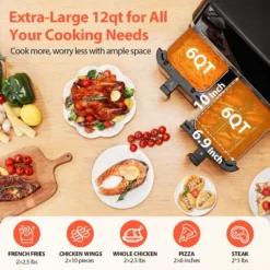 12QT Large Dual Basket Air Fryer With Technology 10-in-1 Functions, 2 Independent 6QT Baskets, Easy-Clean View Window & Dishwasher Safe Baskets
