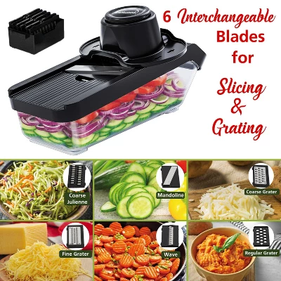 Brentwood Mandoline Slicer And Cheese Grater With 3.6-Cup Storage Container And 6 Interchangeable Stainless Steel Blades, Black 4 Brentwood Mandoline Slicer And Cheese Grater With 3.6-Cup Storage Container And 6 Interchangeable Stainless Steel Blades, Black - Image 2