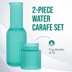 American Atelier Bedside Water Night Set 30 Oz Carafe With Tumbler Glass, Ribbed Pitcher - Aqua Blue