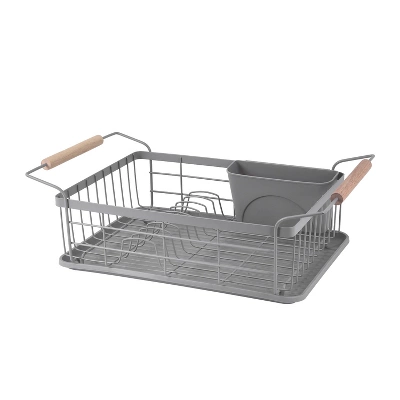 Trio Home 3-Piece Kitchen Counter Dish Drying Rack, Wood Handle, Removable Utensil Holder And Drainboard, Stainless Steel 3 Trio Home 3-Piece Kitchen Counter Dish Drying Rack, Wood Handle, Removable Utensil Holder And Drainboard, Stainless Steel