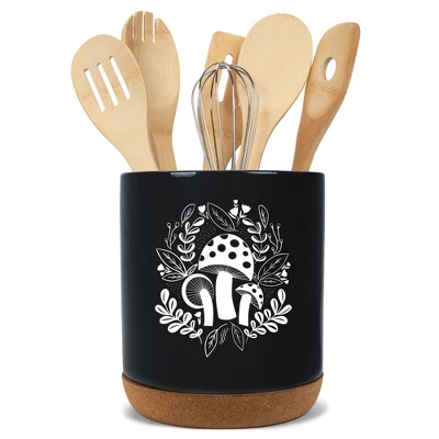 Elanze Designs 8 Inch Floral Mushroom Leaf Large Ceramic Kitchen Utensil Holder Black And White Crock With Cork Base 7 Elanze Designs 8 Inch Floral Mushroom Leaf Large Ceramic Kitchen Utensil Holder Black And White Crock With Cork Base - Image 5