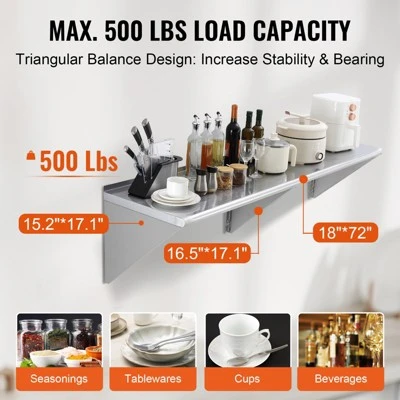 VEVOR 18" X 72" Stainless Steel Shelf, Wall Mounted Floating Shelving With Brackets, 500 Lbs Load Capacity Commercial Shelves 5 VEVOR 18" X 72" Stainless Steel Shelf, Wall Mounted Floating Shelving With Brackets, 500 Lbs Load Capacity Commercial Shelves - Image 3