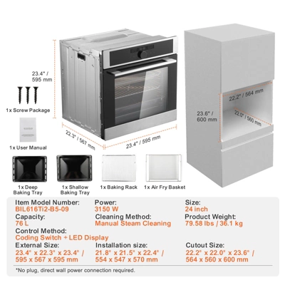 VEVOR Single Wall Oven, 24" Electric Built-in Wall Oven With 16 Cooking Functions, 2.68 Cu.Ft Electric Wall Ovens With Timer, 3150W Electric Oven 9 VEVOR Single Wall Oven, 24" Electric Built-in Wall Oven With 16 Cooking Functions, 2.68 Cu.Ft Electric Wall Ovens With Timer, 3150W Electric Oven - Image 7