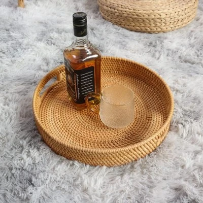 BRINJOY 14" Round Woven Tray With Handles - Natural Rattan Coffee Table Decor, Serving Tray For Kitchen & Home 5 BRINJOY 14" Round Woven Tray With Handles - Natural Rattan Coffee Table Decor, Serving Tray For Kitchen & Home - Image 3