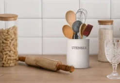 Kook Speckled Ceramic Utensil Crock Holder, 6 Inches, Cream