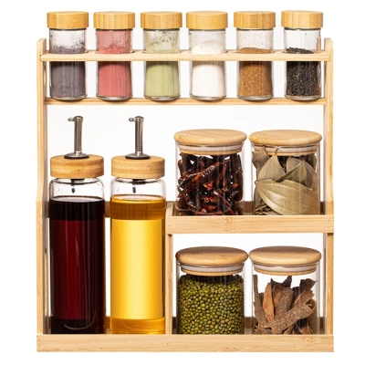 Basicwise 3-Tier Bamboo Rack With 6 Spice Shaker Bottles, 4 Airtight Jars & 2 Soy Sauce Or Oil Dispenser. Bottle Perfect For Kitchen & Pantry Storage 13 Basicwise 3-Tier Bamboo Rack With 6 Spice Shaker Bottles, 4 Airtight Jars & 2 Soy Sauce Or Oil Dispenser. Bottle Perfect For Kitchen & Pantry Storage - Image 11