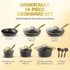 Granitestone Armor Max Gold 14 Piece Nonstick Hard Anodized Cookware Set With Utensils