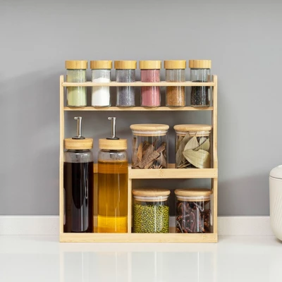 Basicwise 3-Tier Bamboo Rack With 6 Spice Shaker Bottles, 4 Airtight Jars & 2 Soy Sauce Or Oil Dispenser. Bottle Perfect For Kitchen & Pantry Storage 5 Basicwise 3-Tier Bamboo Rack With 6 Spice Shaker Bottles, 4 Airtight Jars & 2 Soy Sauce Or Oil Dispenser. Bottle Perfect For Kitchen & Pantry Storage - Image 3