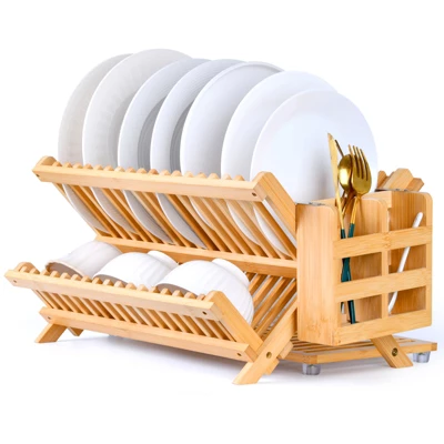 KTMBDW Bamboo Dish Drying Rack, 3 Tier Collapsible Dish Rack With Utensil Holder, Wooden Dish Drying Rack For Kitchen Counter, Dish Drainer, Natural 9 KTMBDW Bamboo Dish Drying Rack, 3 Tier Collapsible Dish Rack With Utensil Holder, Wooden Dish Drying Rack For Kitchen Counter, Dish Drainer, Natural - Image 7