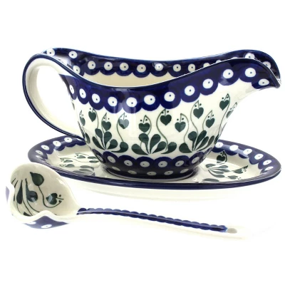 Blue Rose Polish Pottery 239-561 Ceramika Artystyczna Gravy Boat With Ladle 3 Blue Rose Polish Pottery 239-561 Ceramika Artystyczna Gravy Boat With Ladle